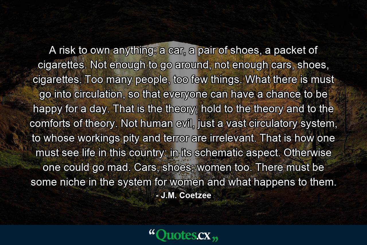 A risk to own anything: a car, a pair of shoes, a packet of cigarettes. Not enough to go around, not enough cars, shoes, cigarettes. Too many people, too few things. What there is must go into circulation, so that everyone can have a chance to be happy for a day. That is the theory; hold to the theory and to the comforts of theory. Not human evil, just a vast circulatory system, to whose workings pity and terror are irrelevant. That is how one must see life in this country: in its schematic aspect. Otherwise one could go mad. Cars, shoes; women too. There must be some niche in the system for women and what happens to them. - Quote by J.M. Coetzee