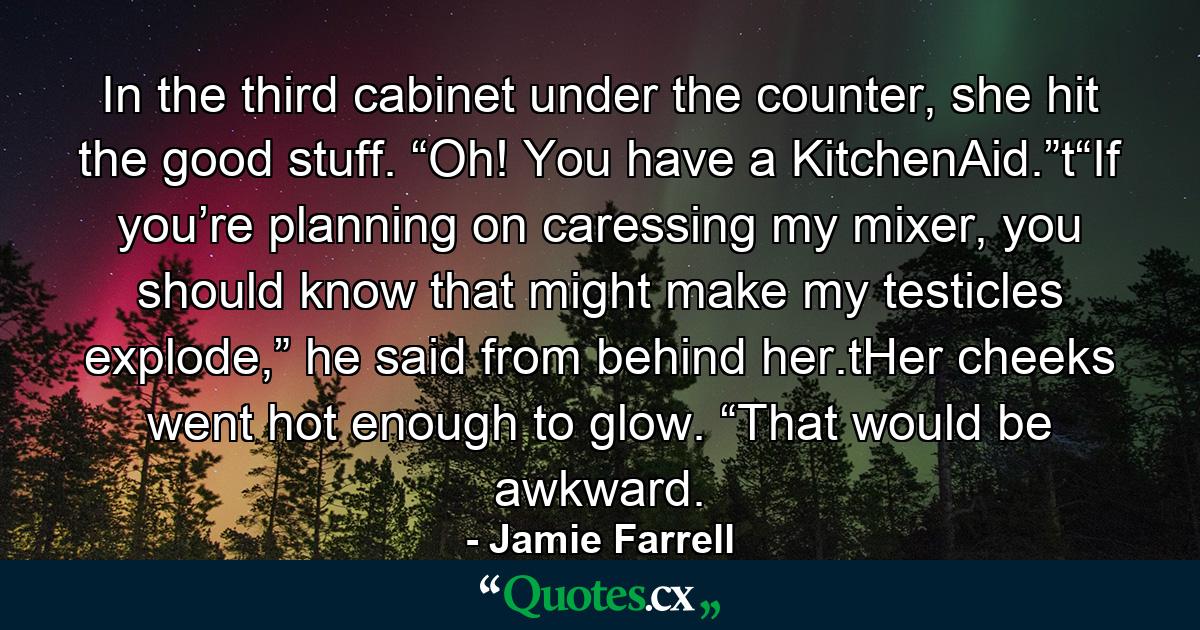 In the third cabinet under the counter, she hit the good stuff. “Oh! You have a KitchenAid.”t“If you’re planning on caressing my mixer, you should know that might make my testicles explode,” he said from behind her.tHer cheeks went hot enough to glow. “That would be awkward. - Quote by Jamie Farrell