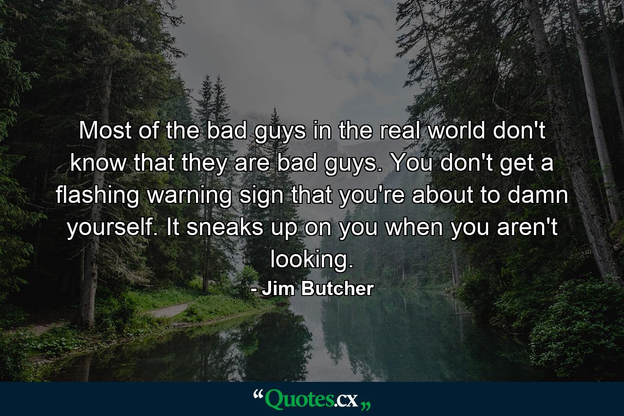 Most of the bad guys in the real world don't know that they are bad guys. You don't get a flashing warning sign that you're about to damn yourself. It sneaks up on you when you aren't looking. - Quote by Jim Butcher