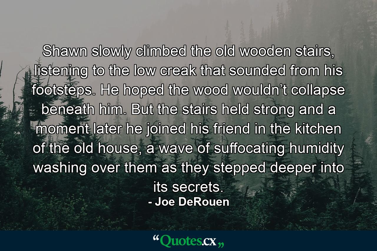 Shawn slowly climbed the old wooden stairs, listening to the low creak that sounded from his footsteps. He hoped the wood wouldn’t collapse beneath him. But the stairs held strong and a moment later he joined his friend in the kitchen of the old house, a wave of suffocating humidity washing over them as they stepped deeper into its secrets. - Quote by Joe DeRouen