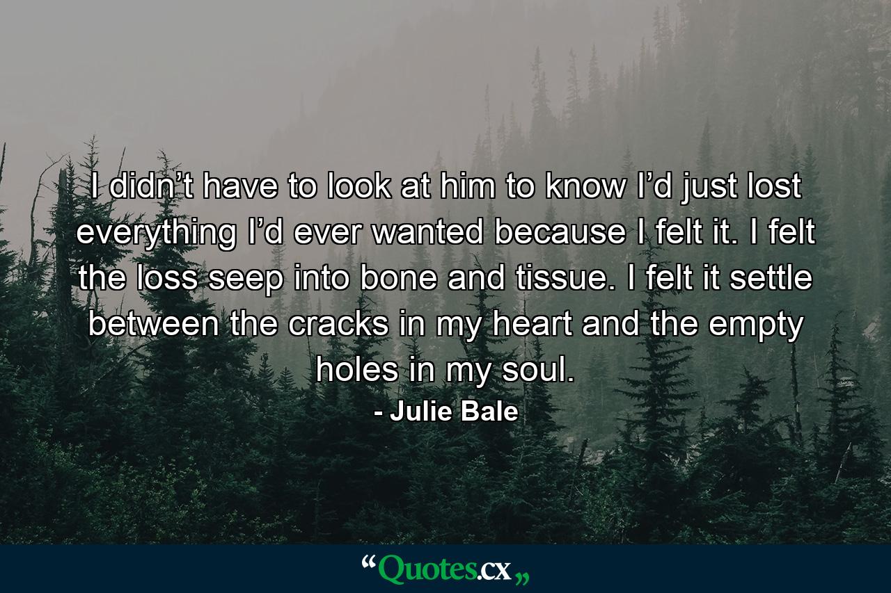 I didn’t have to look at him to know I’d just lost everything I’d ever wanted because I felt it. I felt the loss seep into bone and tissue. I felt it settle between the cracks in my heart and the empty holes in my soul. - Quote by Julie Bale