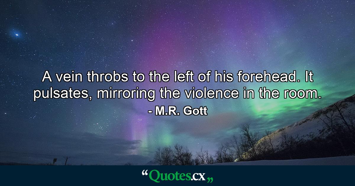 A vein throbs to the left of his forehead. It pulsates, mirroring the violence in the room. - Quote by M.R. Gott