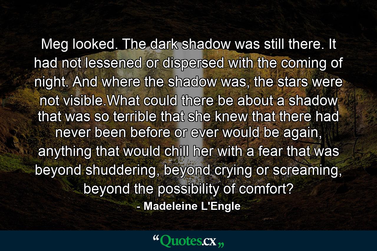 Meg looked. The dark shadow was still there. It had not lessened or dispersed with the coming of night. And where the shadow was, the stars were not visible.What could there be about a shadow that was so terrible that she knew that there had never been before or ever would be again, anything that would chill her with a fear that was beyond shuddering, beyond crying or screaming, beyond the possibility of comfort? - Quote by Madeleine L'Engle