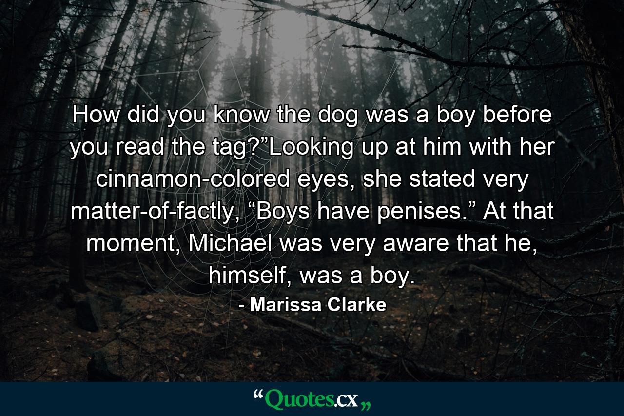 How did you know the dog was a boy before you read the tag?”Looking up at him with her cinnamon-colored eyes, she stated very matter-of-factly, “Boys have penises.” At that moment, Michael was very aware that he, himself, was a boy. - Quote by Marissa Clarke