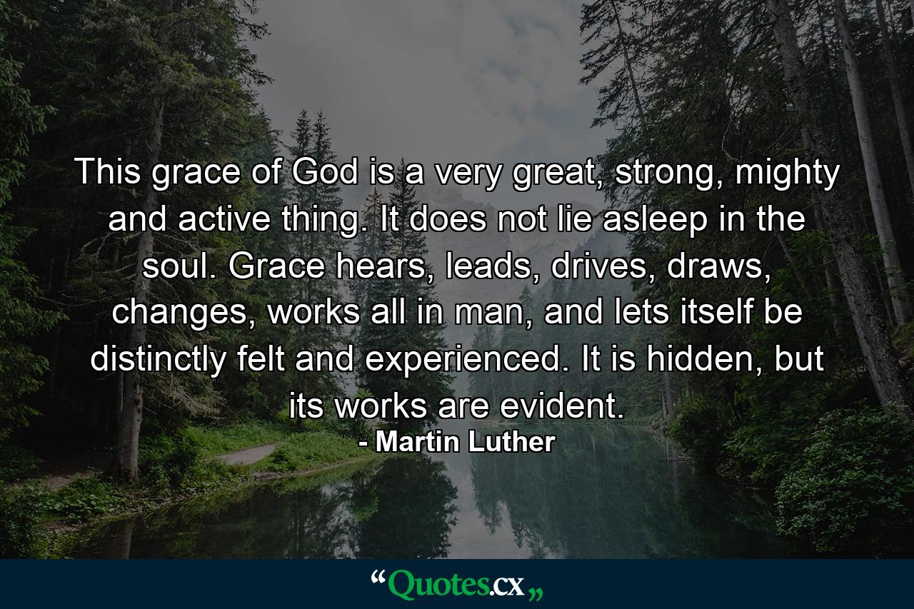 This grace of God is a very great, strong, mighty and active thing. It does not lie asleep in the soul. Grace hears, leads, drives, draws, changes, works all in man, and lets itself be distinctly felt and experienced. It is hidden, but its works are evident. - Quote by Martin Luther