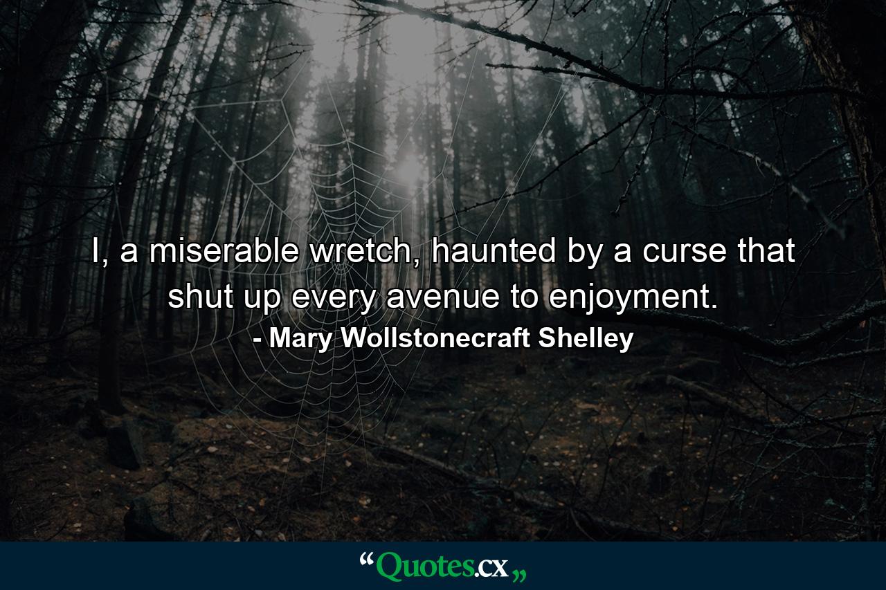 I, a miserable wretch, haunted by a curse that shut up every avenue to enjoyment. - Quote by Mary Wollstonecraft Shelley