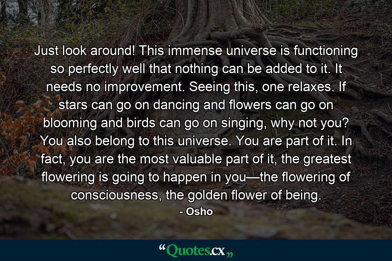 Just look around! This immense universe is functioning so perfectly well that nothing can be added to it. It needs no improvement. Seeing this, one relaxes. If stars can go on dancing and flowers can go on blooming and birds can go on singing, why not you? You also belong to this universe. You are part of it. In fact, you are the most valuable part of it, the greatest flowering is going to happen in you—the flowering of consciousness, the golden flower of being. - Quote by Osho