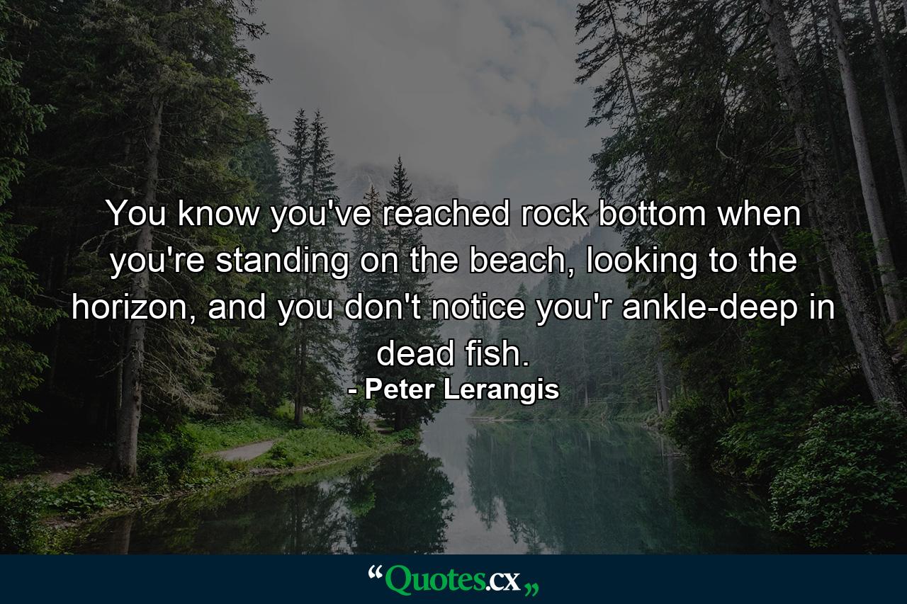 You know you've reached rock bottom when you're standing on the beach, looking to the horizon, and you don't notice you'r ankle-deep in dead fish. - Quote by Peter Lerangis