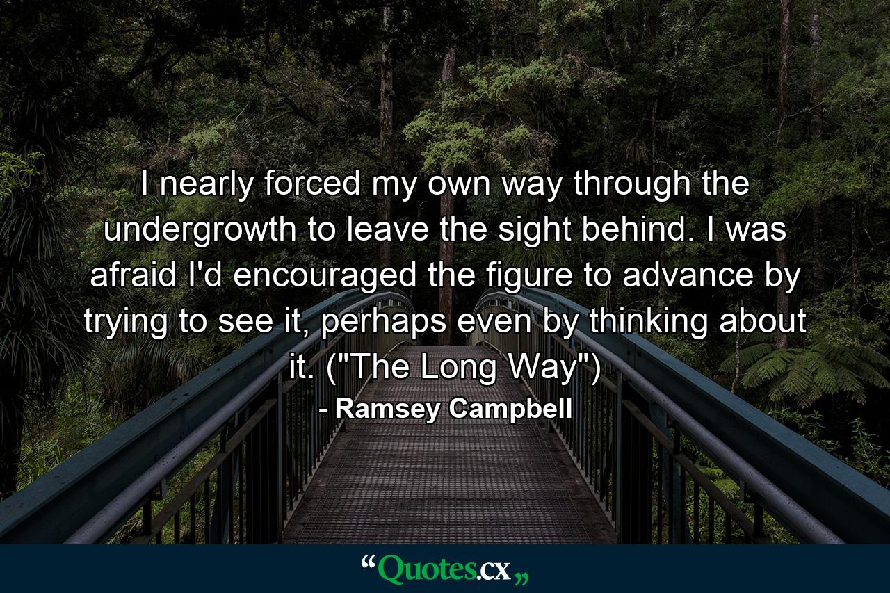 I nearly forced my own way through the undergrowth to leave the sight behind. I was afraid I'd encouraged the figure to advance by trying to see it, perhaps even by thinking about it. (