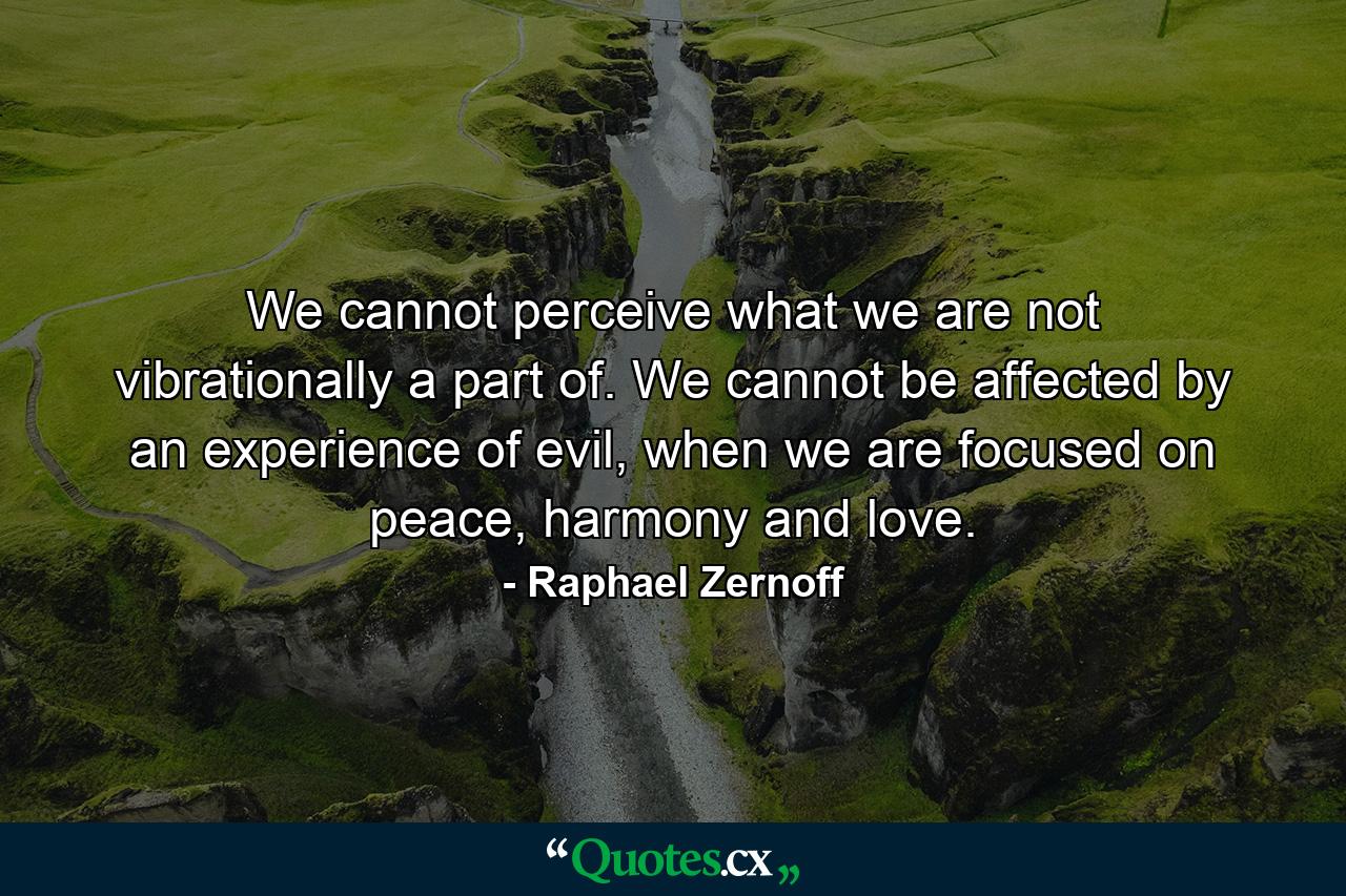 We cannot perceive what we are not vibrationally a part of. We cannot be affected by an experience of evil, when we are focused on peace, harmony and love. - Quote by Raphael Zernoff