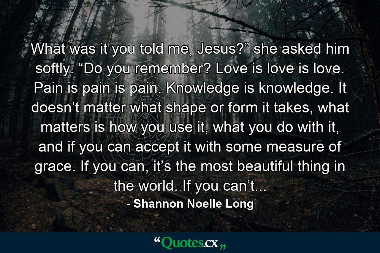 What was it you told me, Jesus?” she asked him softly. “Do you remember? Love is love is love. Pain is pain is pain. Knowledge is knowledge. It doesn’t matter what shape or form it takes, what matters is how you use it, what you do with it, and if you can accept it with some measure of grace. If you can, it’s the most beautiful thing in the world. If you can’t... - Quote by Shannon Noelle Long