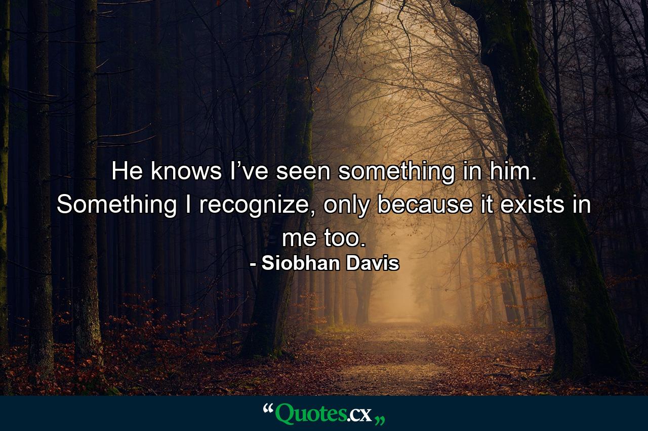 He knows I’ve seen something in him. Something I recognize, only because it exists in me too. - Quote by Siobhan Davis