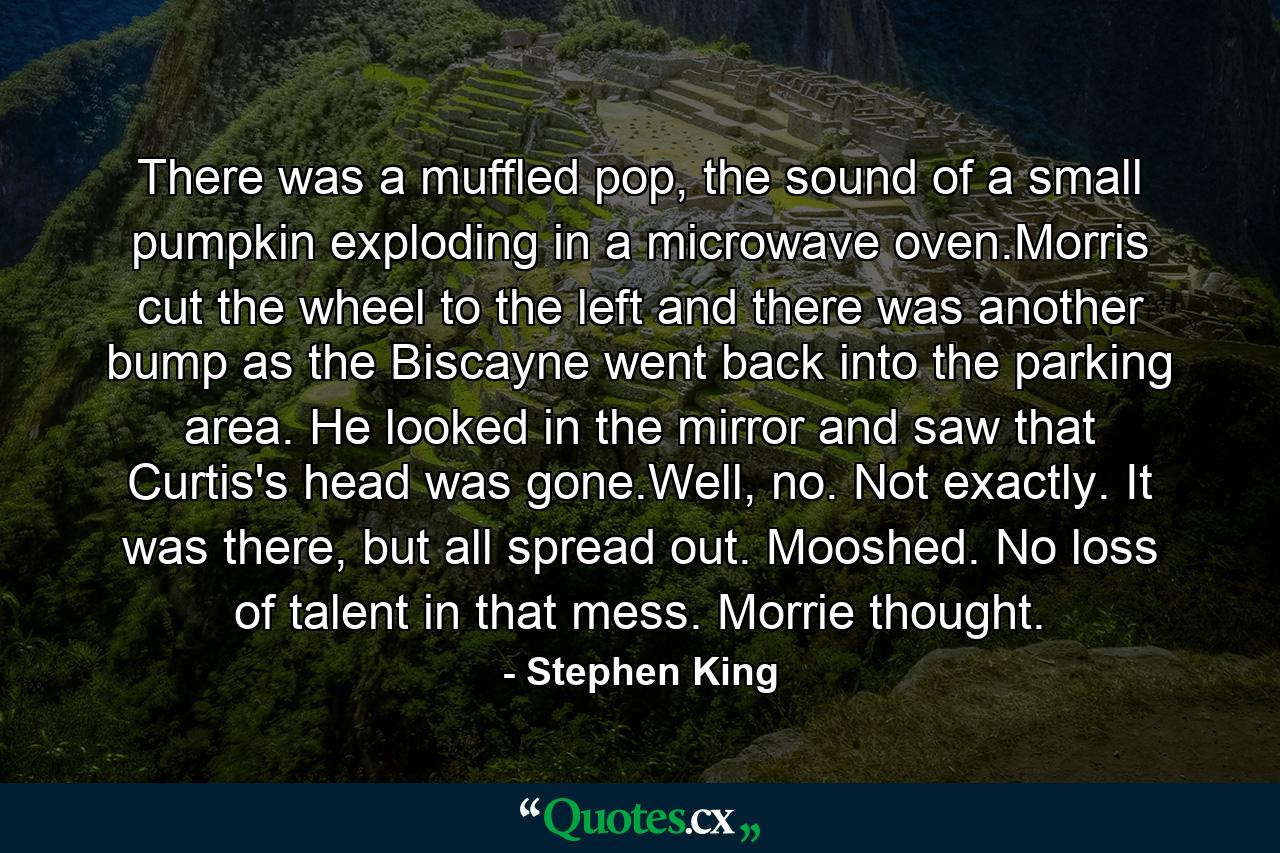 There was a muffled pop, the sound of a small pumpkin exploding in a microwave oven.Morris cut the wheel to the left and there was another bump as the Biscayne went back into the parking area. He looked in the mirror and saw that Curtis's head was gone.Well, no. Not exactly. It was there, but all spread out. Mooshed. No loss of talent in that mess. Morrie thought. - Quote by Stephen King