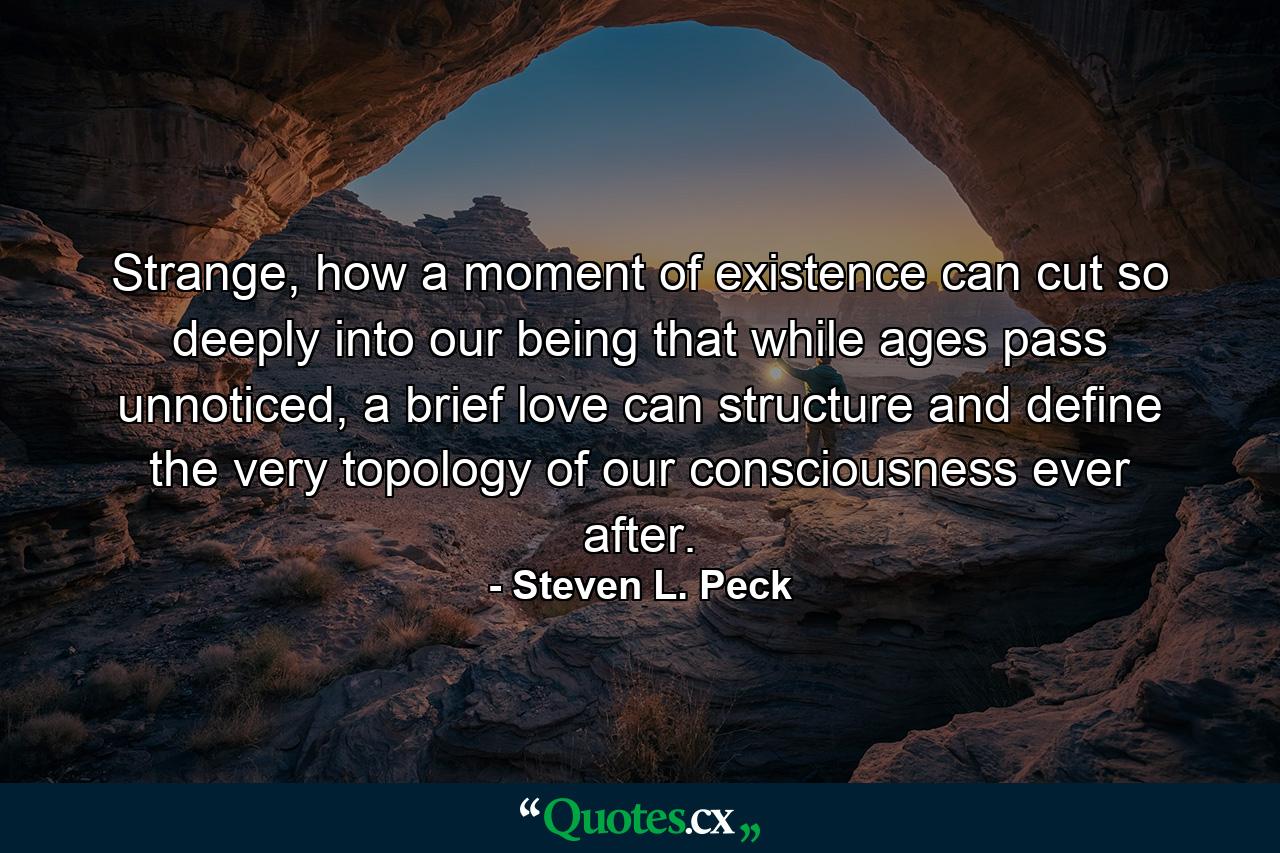 Strange, how a moment of existence can cut so deeply into our being that while ages pass unnoticed, a brief love can structure and define the very topology of our consciousness ever after. - Quote by Steven L. Peck