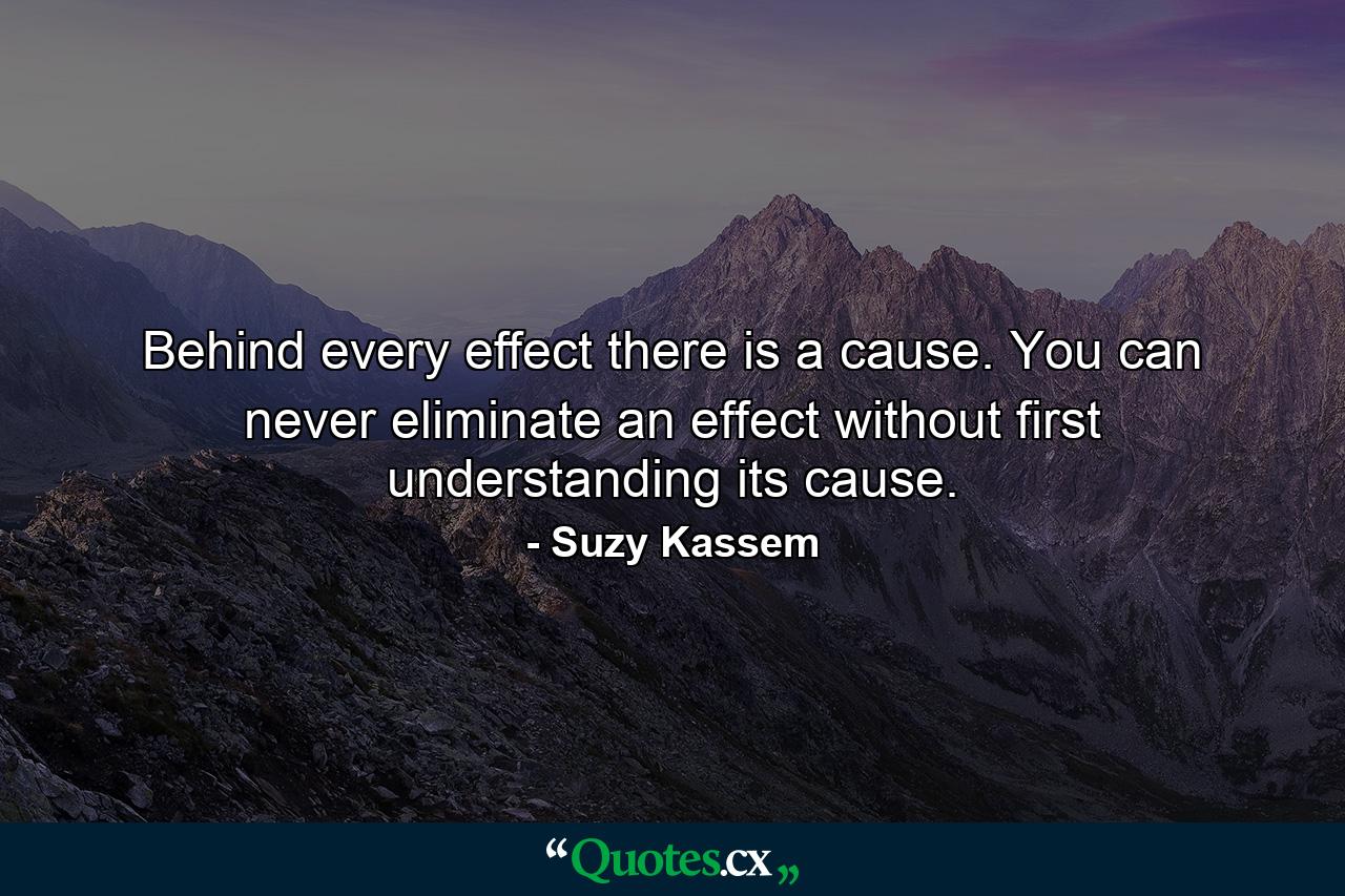 Behind every effect there is a cause. You can never eliminate an effect without first understanding its cause. - Quote by Suzy Kassem