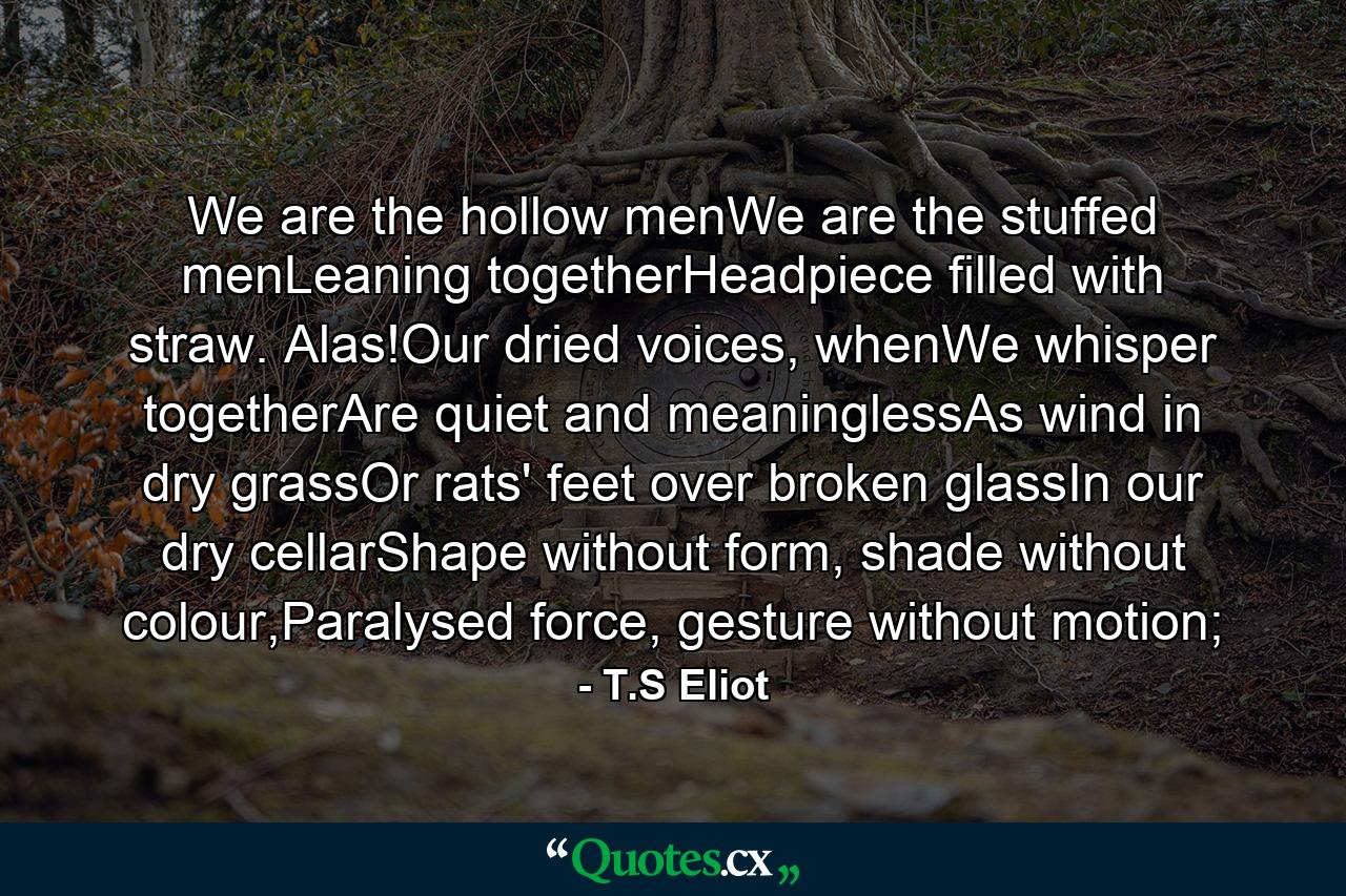 We are the hollow menWe are the stuffed menLeaning togetherHeadpiece filled with straw. Alas!Our dried voices, whenWe whisper togetherAre quiet and meaninglessAs wind in dry grassOr rats' feet over broken glassIn our dry cellarShape without form, shade without colour,Paralysed force, gesture without motion; - Quote by T.S Eliot