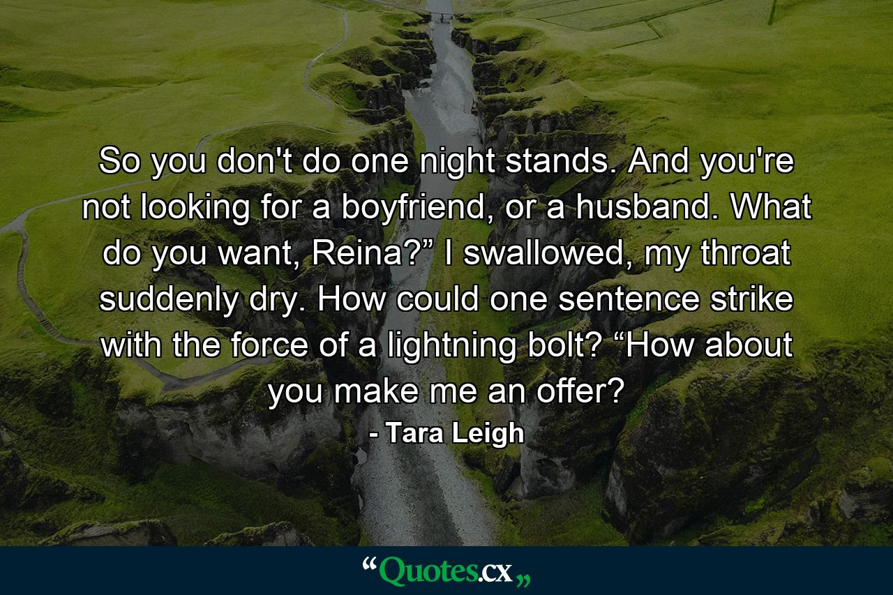 So you don't do one night stands. And you're not looking for a boyfriend, or a husband. What do you want, Reina?” I swallowed, my throat suddenly dry. How could one sentence strike with the force of a lightning bolt? “How about you make me an offer? - Quote by Tara Leigh