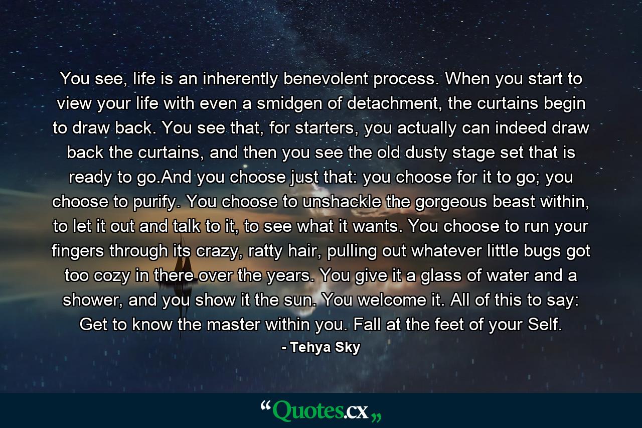 You see, life is an inherently benevolent process. When you start to view your life with even a smidgen of detachment, the curtains begin to draw back. You see that, for starters, you actually can indeed draw back the curtains, and then you see the old dusty stage set that is ready to go.And you choose just that: you choose for it to go; you choose to purify. You choose to unshackle the gorgeous beast within, to let it out and talk to it, to see what it wants. You choose to run your fingers through its crazy, ratty hair, pulling out whatever little bugs got too cozy in there over the years. You give it a glass of water and a shower, and you show it the sun. You welcome it. All of this to say: Get to know the master within you. Fall at the feet of your Self. - Quote by Tehya Sky