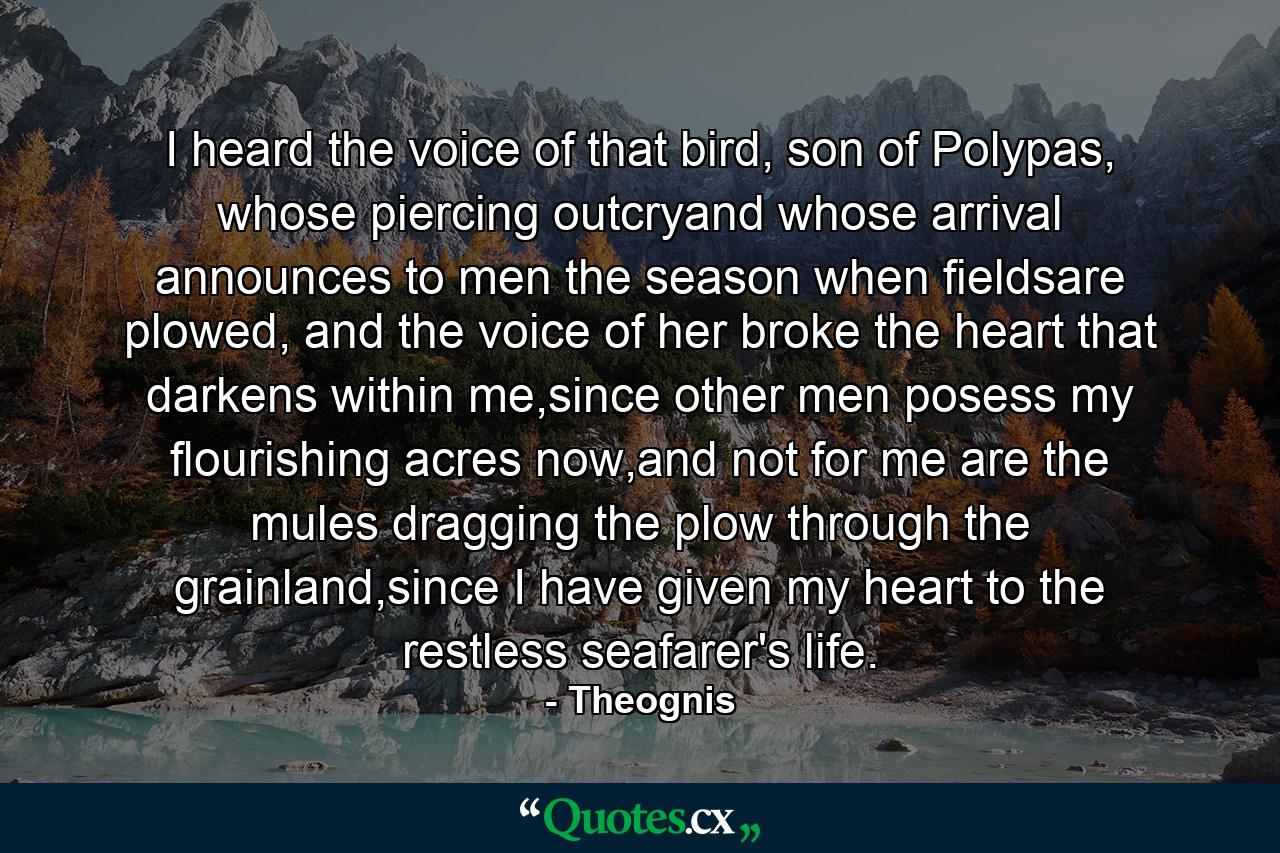 I heard the voice of that bird, son of Polypas, whose piercing outcryand whose arrival announces to men the season when fieldsare plowed, and the voice of her broke the heart that darkens within me,since other men posess my flourishing acres now,and not for me are the mules dragging the plow through the grainland,since I have given my heart to the restless seafarer's life. - Quote by Theognis