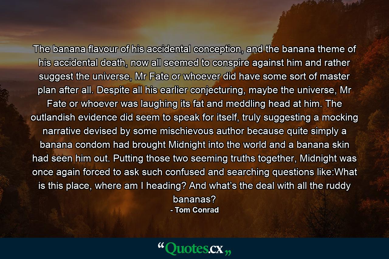 The banana flavour of his accidental conception, and the banana theme of his accidental death, now all seemed to conspire against him and rather suggest the universe, Mr Fate or whoever did have some sort of master plan after all. Despite all his earlier conjecturing, maybe the universe, Mr Fate or whoever was laughing its fat and meddling head at him. The outlandish evidence did seem to speak for itself, truly suggesting a mocking narrative devised by some mischievous author because quite simply a banana condom had brought Midnight into the world and a banana skin had seen him out. Putting those two seeming truths together, Midnight was once again forced to ask such confused and searching questions like:What is this place, where am I heading? And what’s the deal with all the ruddy bananas? - Quote by Tom Conrad