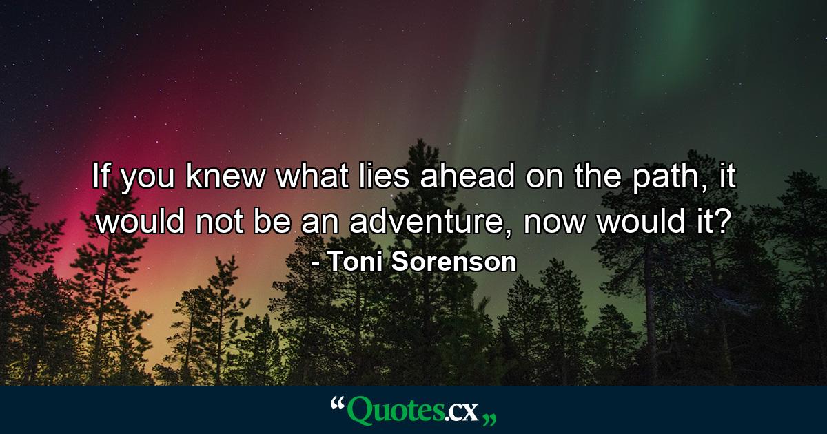 If you knew what lies ahead on the path, it would not be an adventure, now would it? - Quote by Toni Sorenson