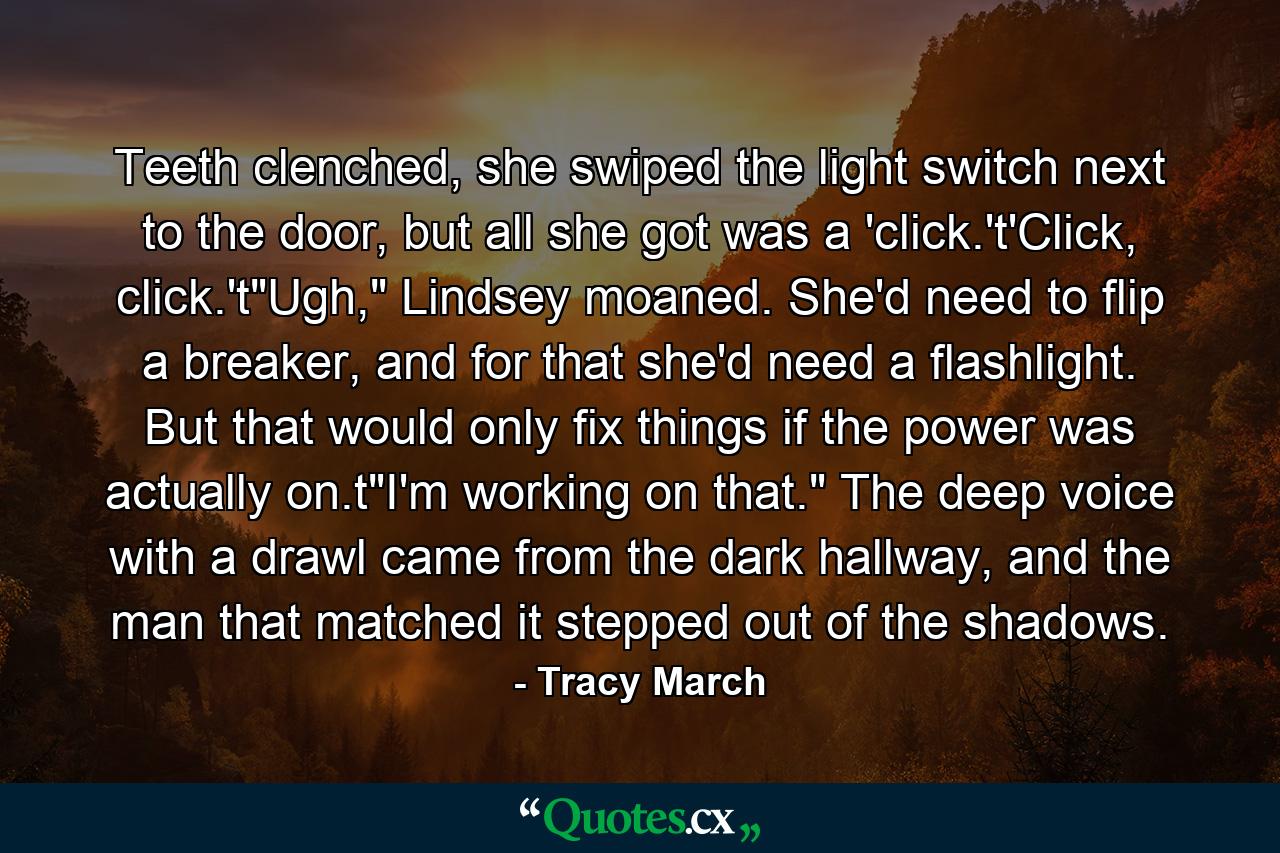 Teeth clenched, she swiped the light switch next to the door, but all she got was a 'click.'t'Click, click.'t