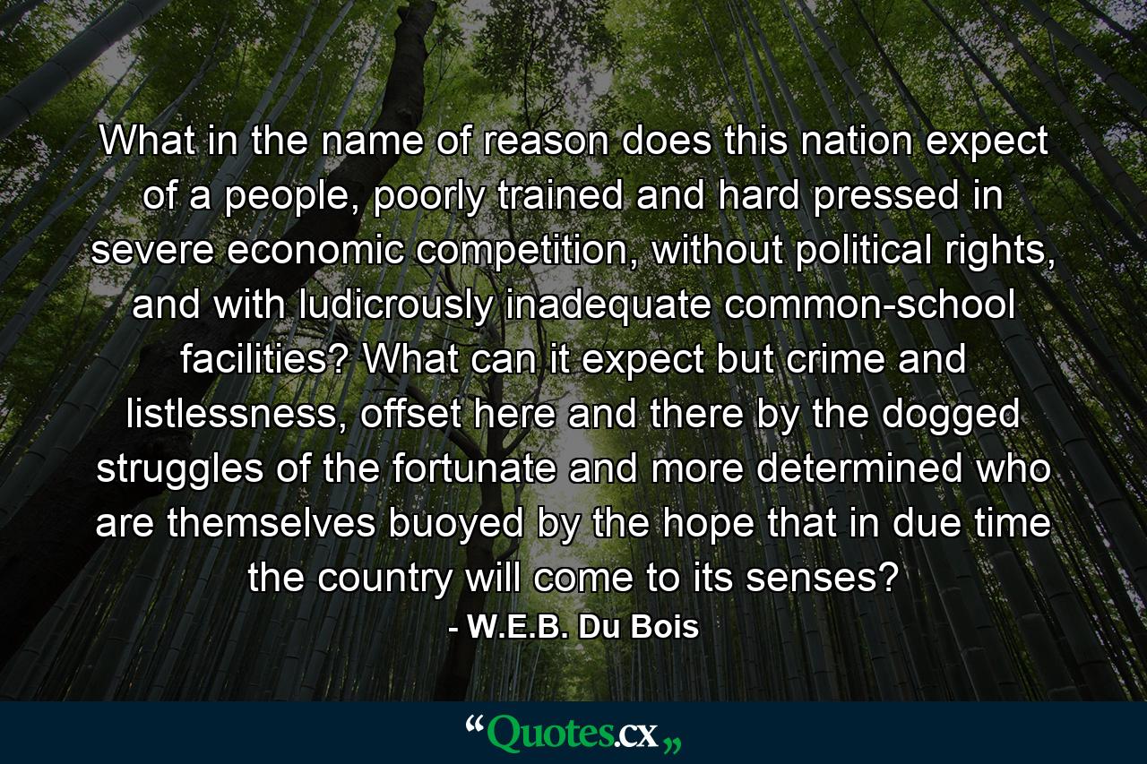 What in the name of reason does this nation expect of a people, poorly trained and hard pressed in severe economic competition, without political rights, and with ludicrously inadequate common-school facilities? What can it expect but crime and listlessness, offset here and there by the dogged struggles of the fortunate and more determined who are themselves buoyed by the hope that in due time the country will come to its senses? - Quote by W.E.B. Du Bois