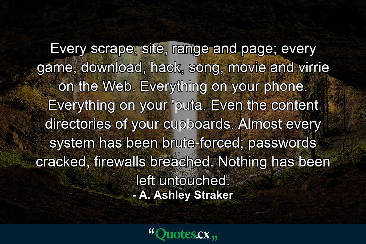 Every scrape, site, range and page; every game, download, hack, song, movie and virrie on the Web. Everything on your phone. Everything on your 'puta. Even the content directories of your cupboards. Almost every system has been brute-forced; passwords cracked, firewalls breached. Nothing has been left untouched. - Quote by A. Ashley Straker