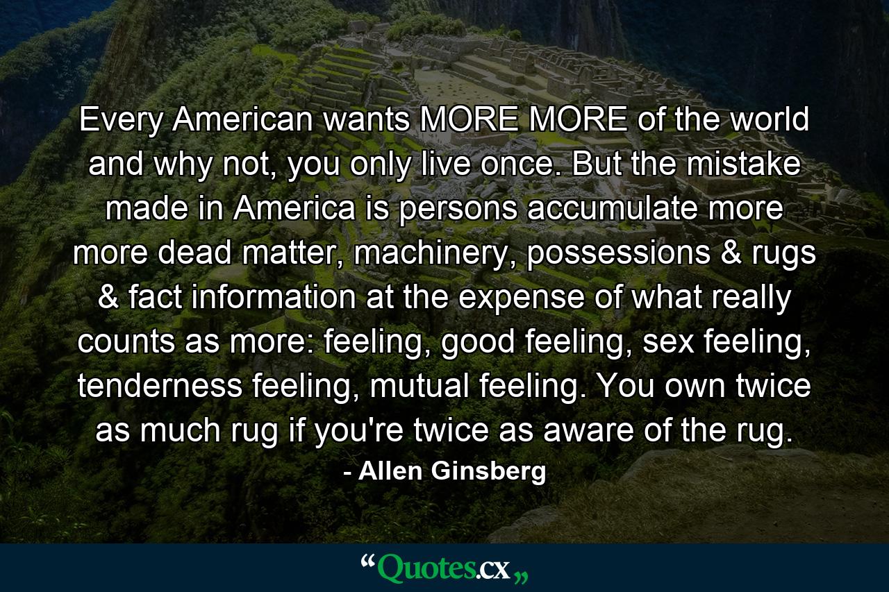 Every American wants MORE MORE of the world and why not, you only live once. But the mistake made in America is persons accumulate more more dead matter, machinery, possessions & rugs & fact information at the expense of what really counts as more: feeling, good feeling, sex feeling, tenderness feeling, mutual feeling. You own twice as much rug if you're twice as aware of the rug. - Quote by Allen Ginsberg