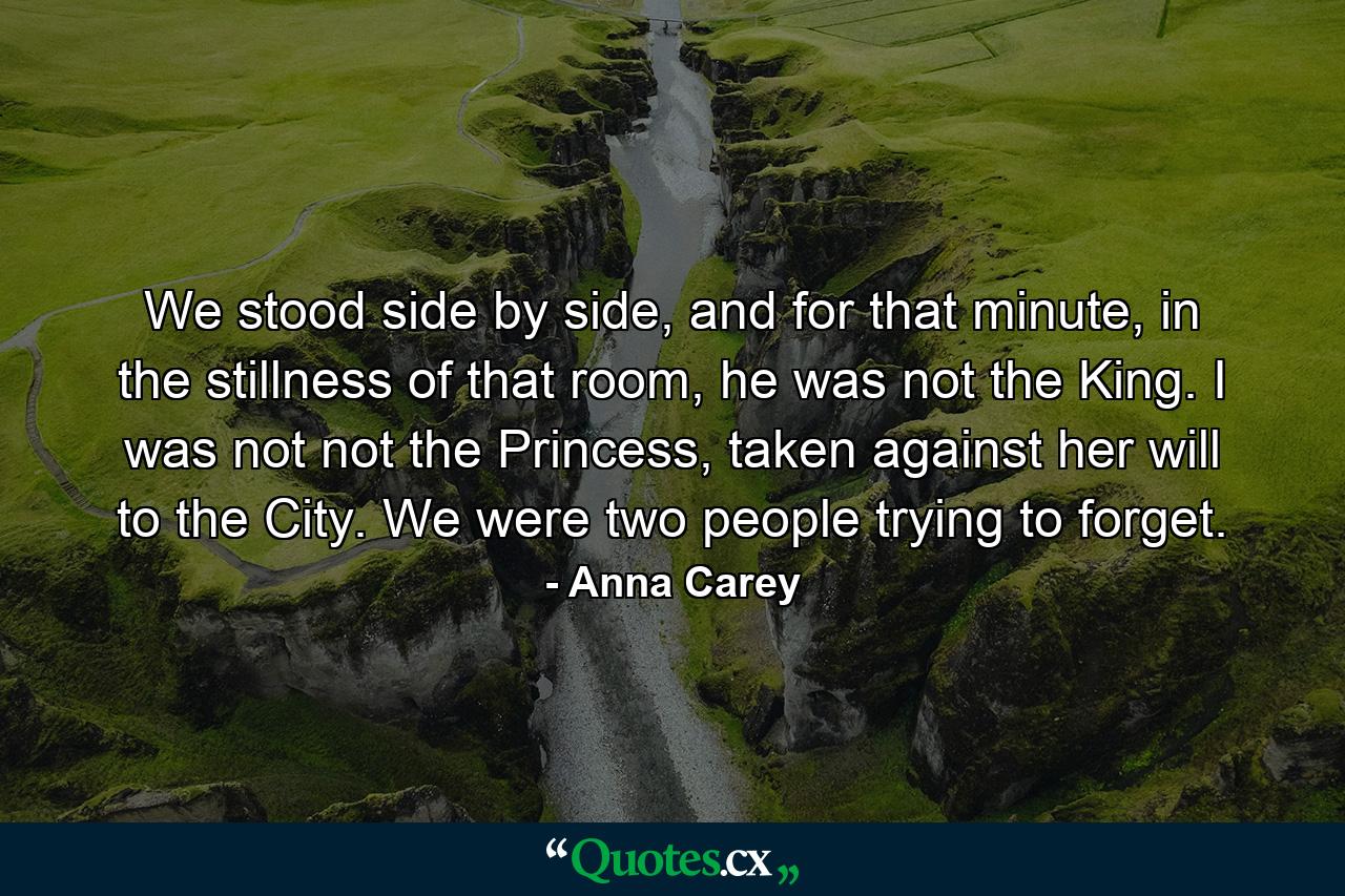 We stood side by side, and for that minute, in the stillness of that room, he was not the King. I was not not the Princess, taken against her will to the City. We were two people trying to forget. - Quote by Anna Carey