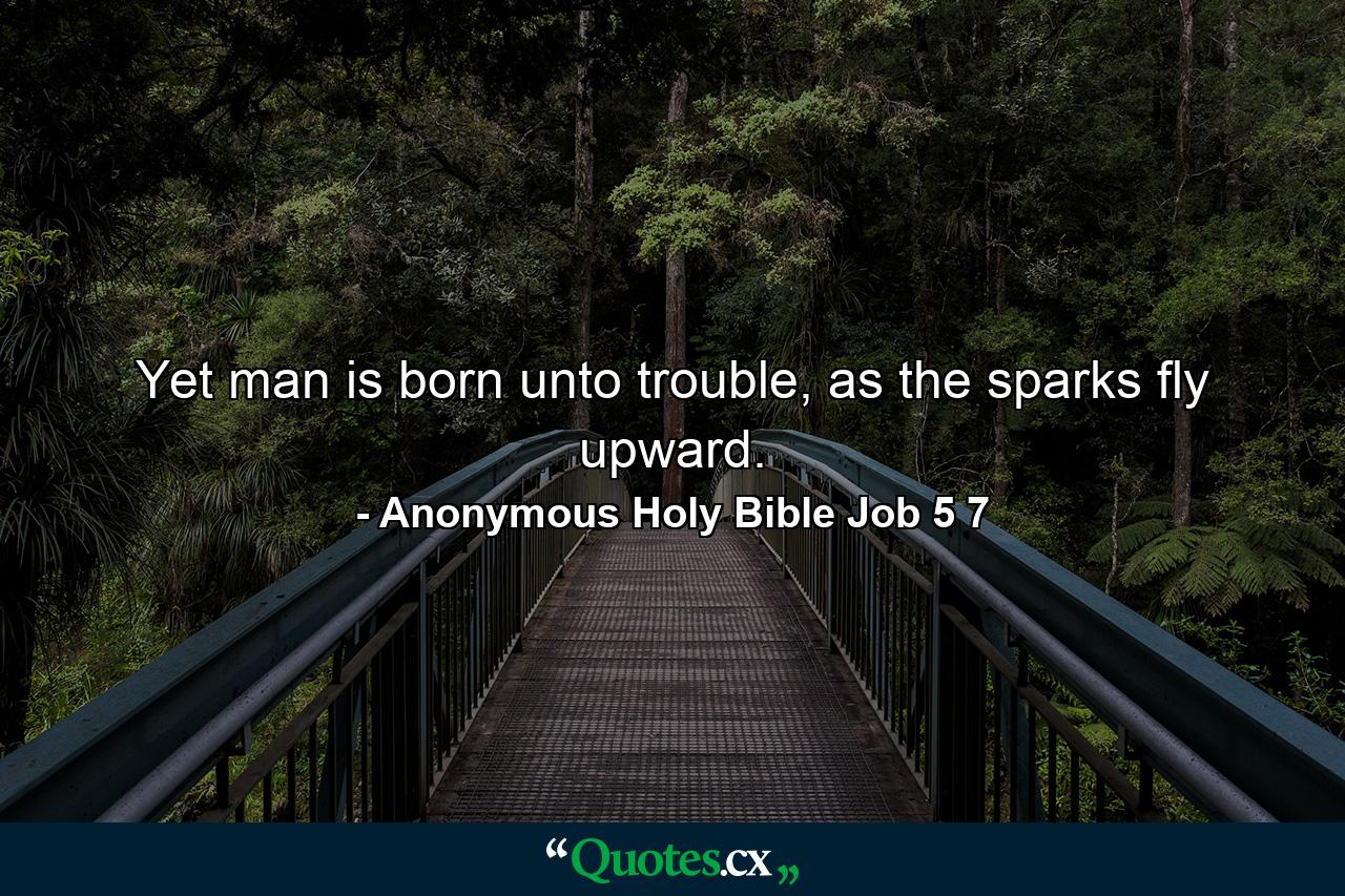 Yet man is born unto trouble, as the sparks fly upward. - Quote by Anonymous Holy Bible Job 5 7