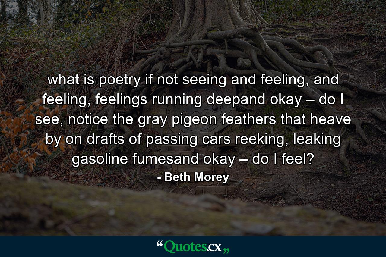 what is poetry if not seeing and feeling,  and feeling, feelings  running deepand okay – do I see, notice the gray pigeon feathers that heave  by on drafts of passing  cars reeking, leaking gasoline fumesand okay – do I feel? - Quote by Beth Morey