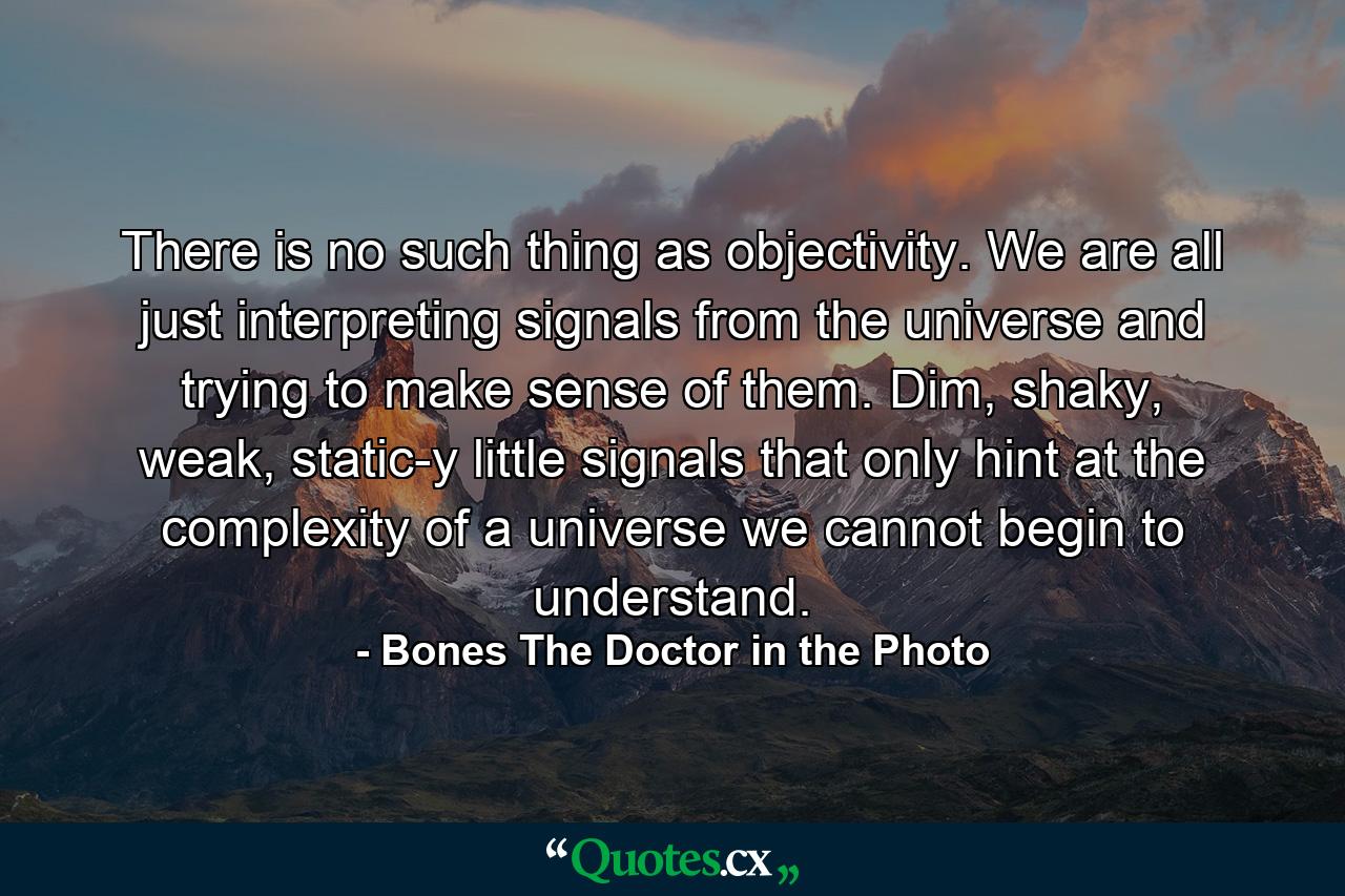 There is no such thing as objectivity. We are all just interpreting signals from the universe and trying to make sense of them. Dim, shaky, weak, static-y little signals that only hint at the complexity of a universe we cannot begin to understand. - Quote by Bones The Doctor in the Photo