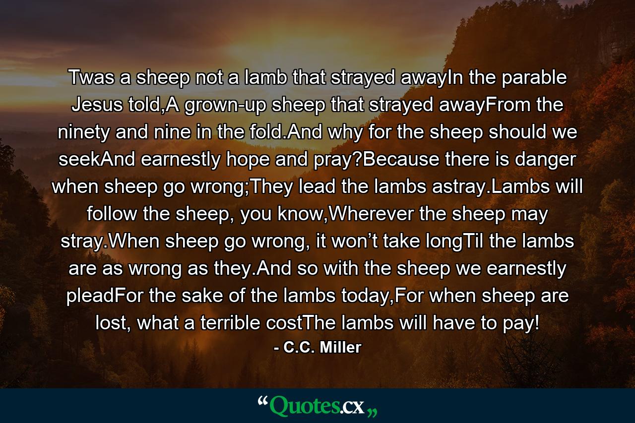 Twas a sheep not a lamb that strayed awayIn the parable Jesus told,A grown-up sheep that strayed awayFrom the ninety and nine in the fold.And why for the sheep should we seekAnd earnestly hope and pray?Because there is danger when sheep go wrong;They lead the lambs astray.Lambs will follow the sheep, you know,Wherever the sheep may stray.When sheep go wrong, it won’t take longTil the lambs are as wrong as they.And so with the sheep we earnestly pleadFor the sake of the lambs today,For when sheep are lost, what a terrible costThe lambs will have to pay! - Quote by C.C. Miller