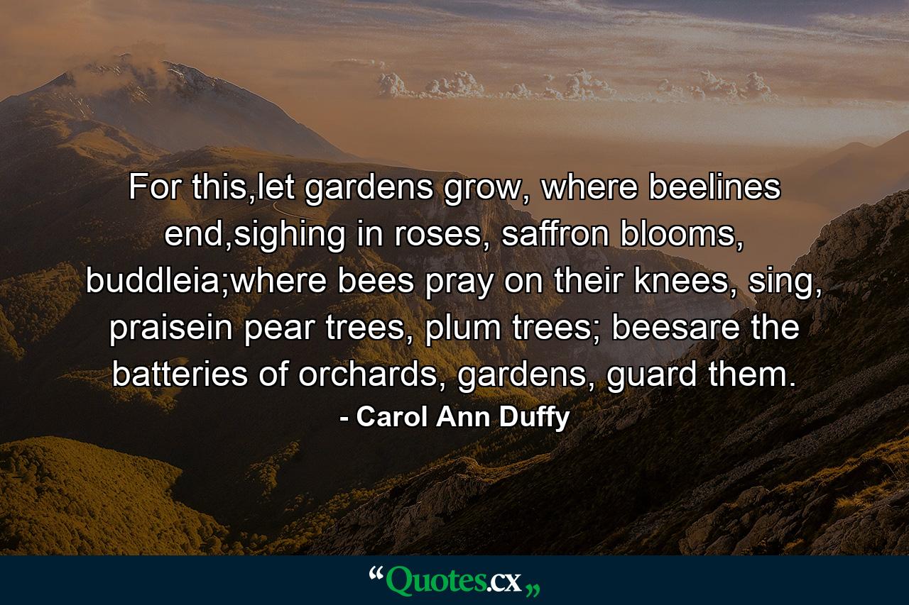 For this,let gardens grow, where beelines end,sighing in roses, saffron blooms, buddleia;where bees pray on their knees, sing, praisein pear trees, plum trees; beesare the batteries of orchards, gardens, guard them. - Quote by Carol Ann Duffy