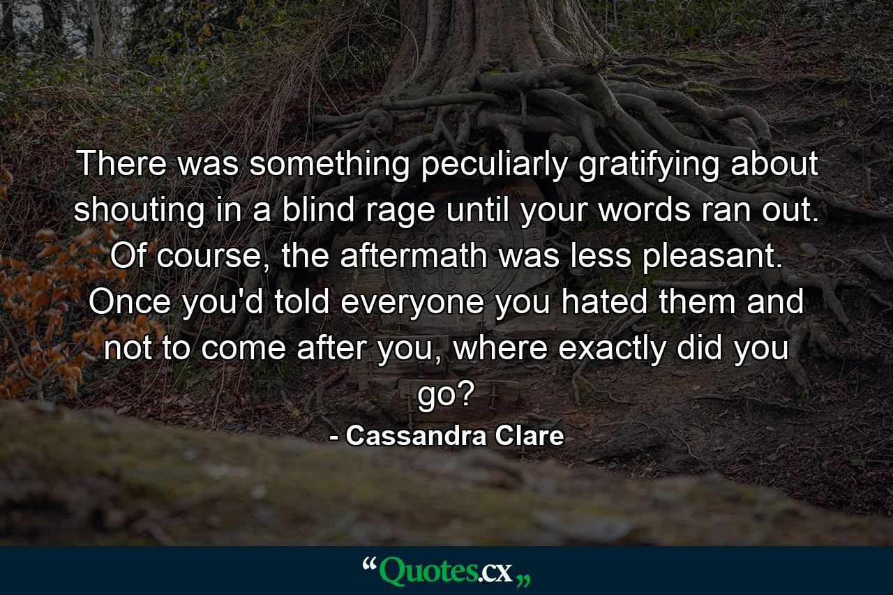 There was something peculiarly gratifying about shouting in a blind rage until your words ran out. Of course, the aftermath was less pleasant. Once you'd told everyone you hated them and not to come after you, where exactly did you go? - Quote by Cassandra Clare