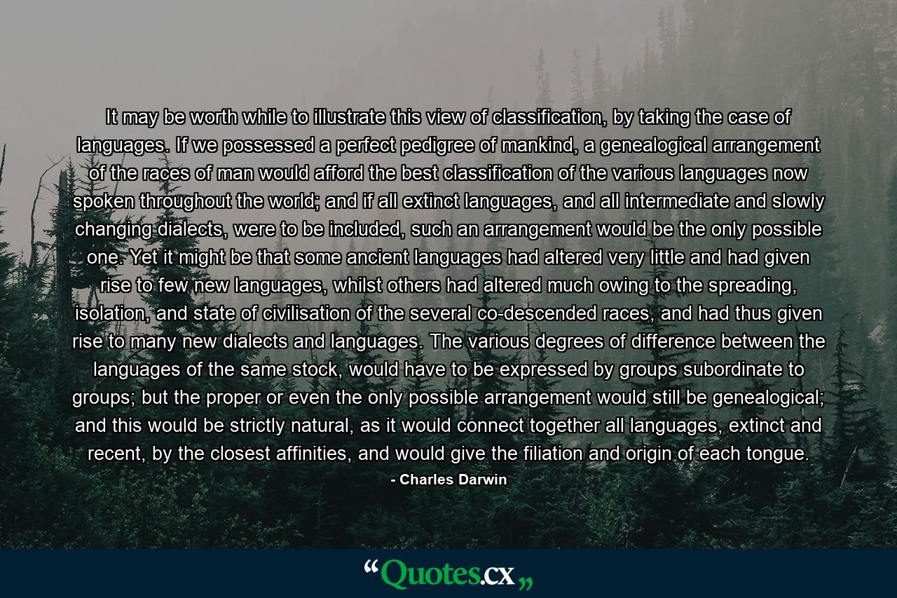 It may be worth while to illustrate this view of classification, by taking the case of languages. If we possessed a perfect pedigree of mankind, a genealogical arrangement of the races of man would afford the best classification of the various languages now spoken throughout the world; and if all extinct languages, and all intermediate and slowly changing dialects, were to be included, such an arrangement would be the only possible one. Yet it might be that some ancient languages had altered very little and had given rise to few new languages, whilst others had altered much owing to the spreading, isolation, and state of civilisation of the several co-descended races, and had thus given rise to many new dialects and languages. The various degrees of difference between the languages of the same stock, would have to be expressed by groups subordinate to groups; but the proper or even the only possible arrangement would still be genealogical; and this would be strictly natural, as it would connect together all languages, extinct and recent, by the closest affinities, and would give the filiation and origin of each tongue. - Quote by Charles Darwin