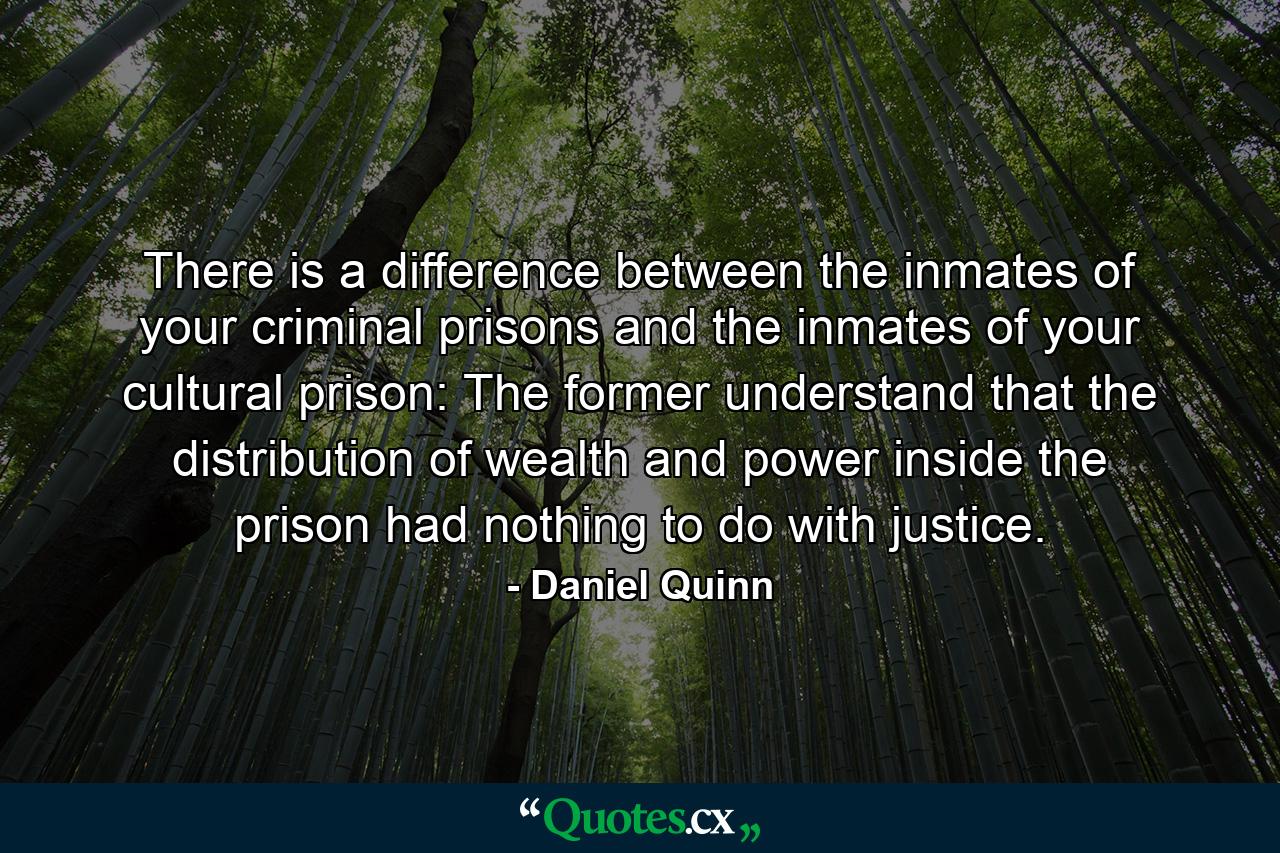 There is a difference between the inmates of your criminal prisons and the inmates of your cultural prison: The former understand that the distribution of wealth and power inside the prison had nothing to do with justice. - Quote by Daniel Quinn