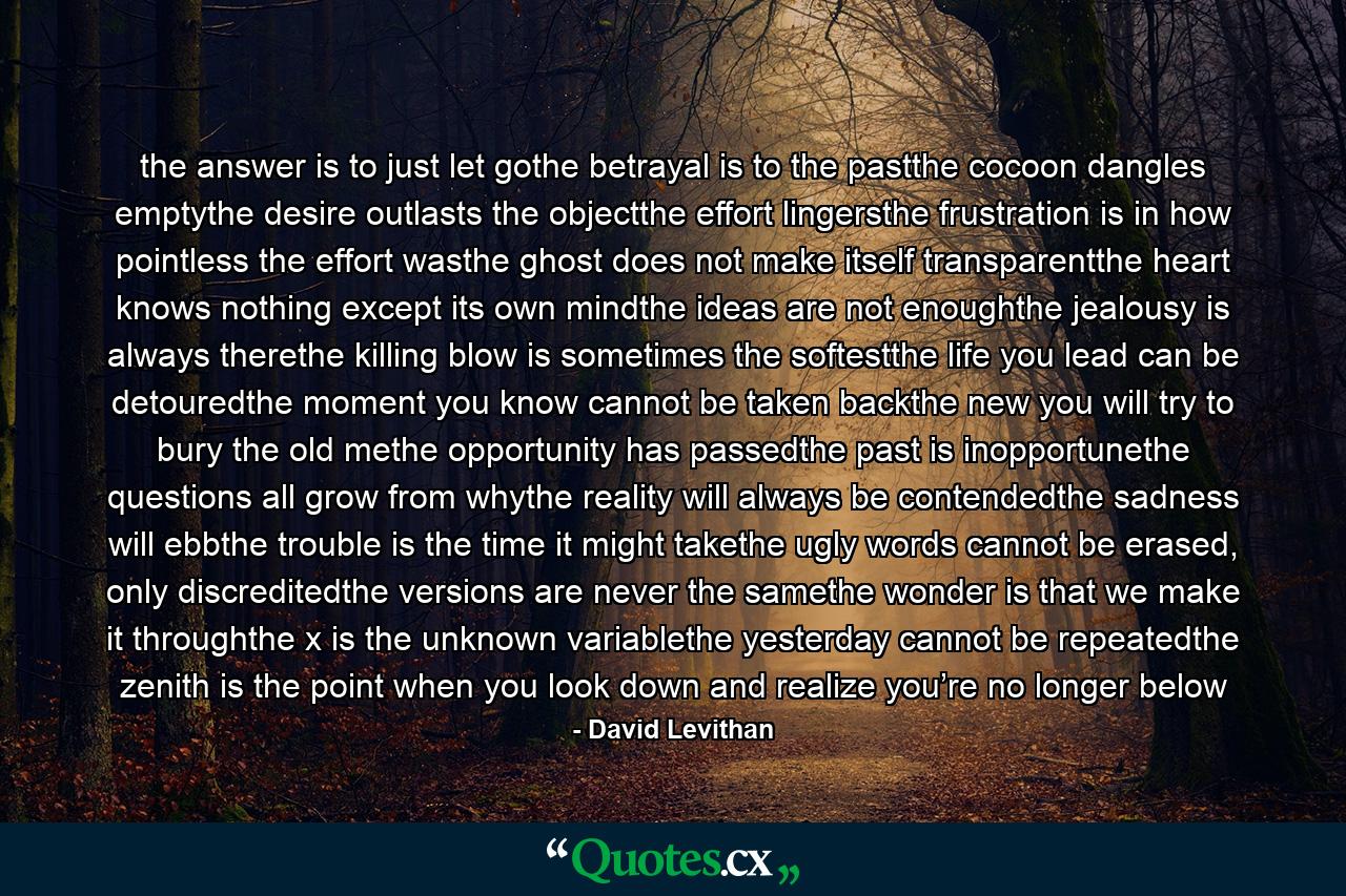 the answer is to just let gothe betrayal is to the pastthe cocoon dangles emptythe desire outlasts the objectthe effort lingersthe frustration is in how pointless the effort wasthe ghost does not make itself transparentthe heart knows nothing except its own mindthe ideas are not enoughthe jealousy is always therethe killing blow is sometimes the softestthe life you lead can be detouredthe moment you know cannot be taken backthe new you will try to bury the old methe opportunity has passedthe past is inopportunethe questions all grow from whythe reality will always be contendedthe sadness will ebbthe trouble is the time it might takethe ugly words cannot be erased, only discreditedthe versions are never the samethe wonder is that we make it throughthe x is the unknown variablethe yesterday cannot be repeatedthe zenith is the point when you look down and realize you’re no longer below - Quote by David Levithan