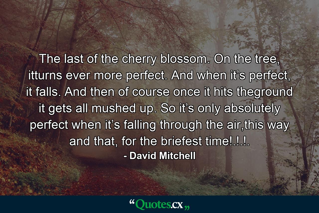 The last of the cherry blossom. On the tree, itturns ever more perfect. And when it’s perfect, it falls. And then of course once it hits theground it gets all mushed up. So it’s only absolutely perfect when it’s falling through the air,this way and that, for the briefest time!.!.!. - Quote by David Mitchell