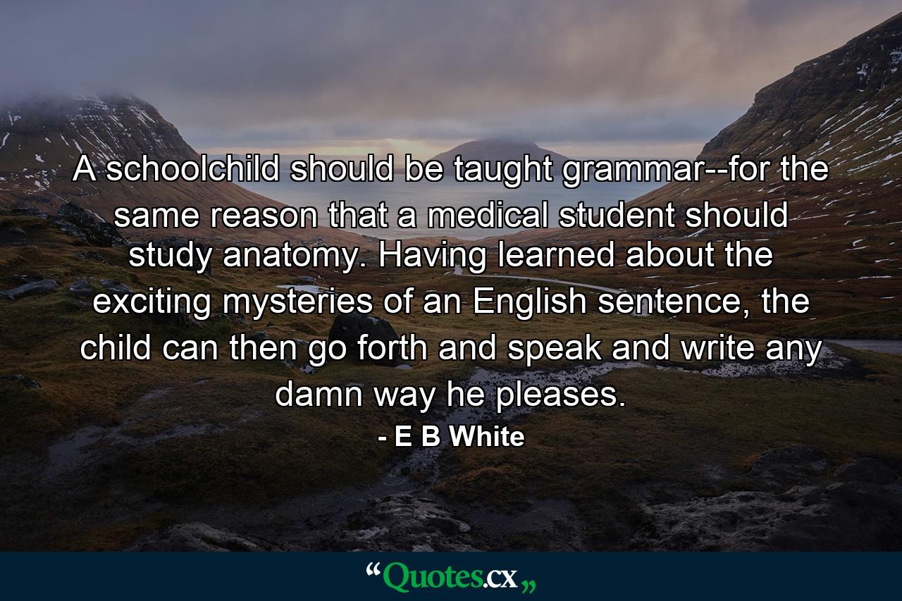 A schoolchild should be taught grammar--for the same reason that a medical student should study anatomy. Having learned about the exciting mysteries of an English sentence, the child can then go forth and speak and write any damn way he pleases. - Quote by E B White