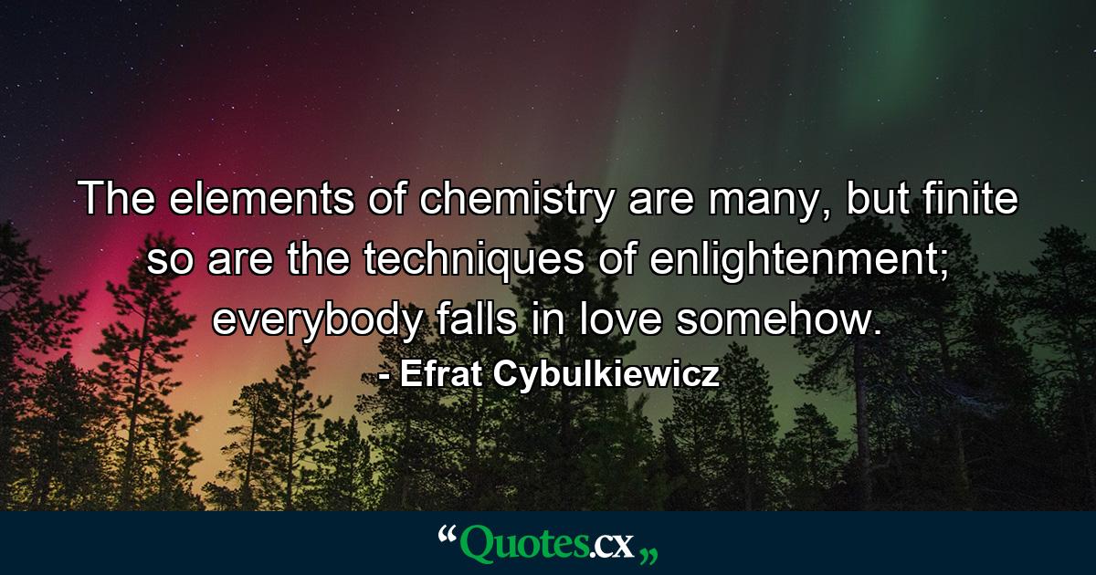 The elements of chemistry are many, but finite so are the techniques of enlightenment; everybody falls in love somehow. - Quote by Efrat Cybulkiewicz