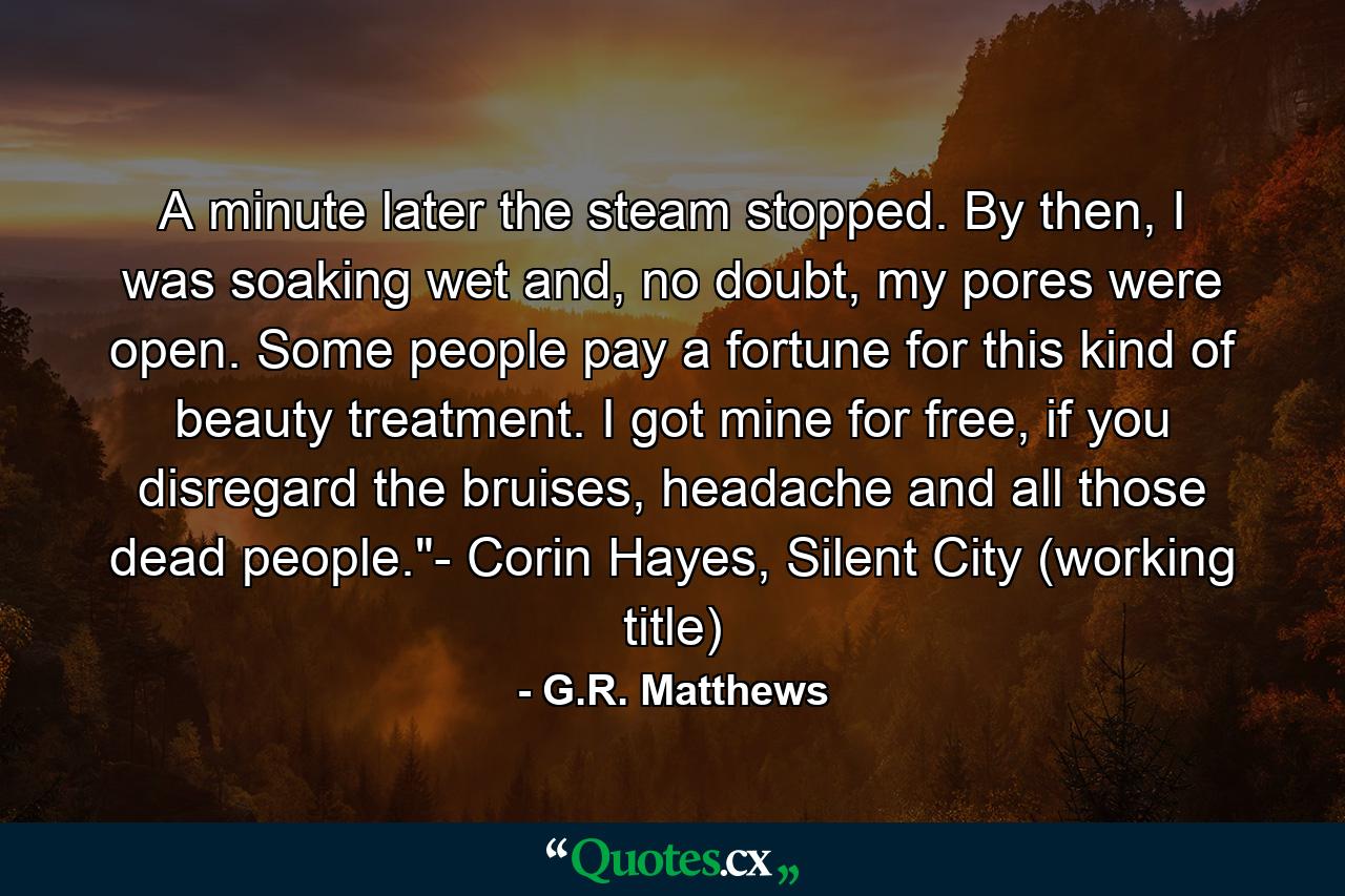 A minute later the steam stopped. By then, I was soaking wet and, no doubt, my pores were open. Some people pay a fortune for this kind of beauty treatment. I got mine for free, if you disregard the bruises, headache and all those dead people.