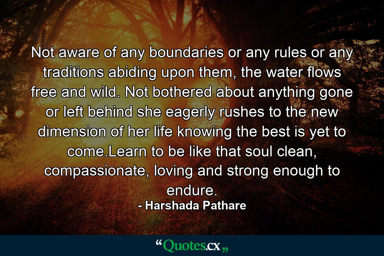 Not aware of any boundaries or any rules or any traditions abiding upon them, the water flows free and wild. Not bothered about anything gone or left behind she eagerly rushes to the new dimension of her life knowing the best is yet to come.Learn to be like that soul clean, compassionate, loving and strong enough to endure. - Quote by Harshada Pathare