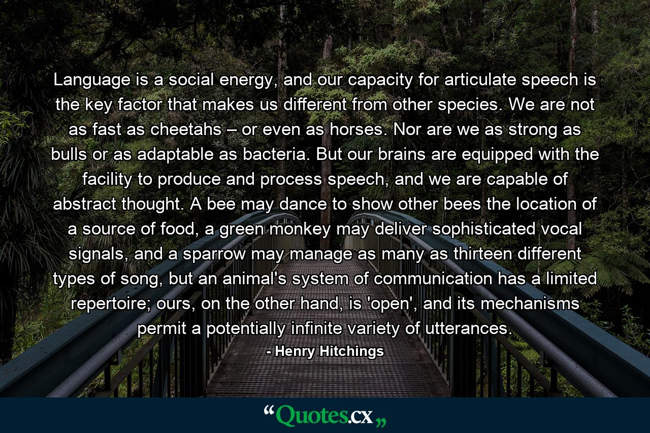 Language is a social energy, and our capacity for articulate speech is the key factor that makes us different from other species. We are not as fast as cheetahs – or even as horses. Nor are we as strong as bulls or as adaptable as bacteria. But our brains are equipped with the facility to produce and process speech, and we are capable of abstract thought. A bee may dance to show other bees the location of a source of food, a green monkey may deliver sophisticated vocal signals, and a sparrow may manage as many as thirteen different types of song, but an animal's system of communication has a limited repertoire; ours, on the other hand, is 'open', and its mechanisms permit a potentially infinite variety of utterances. - Quote by Henry Hitchings