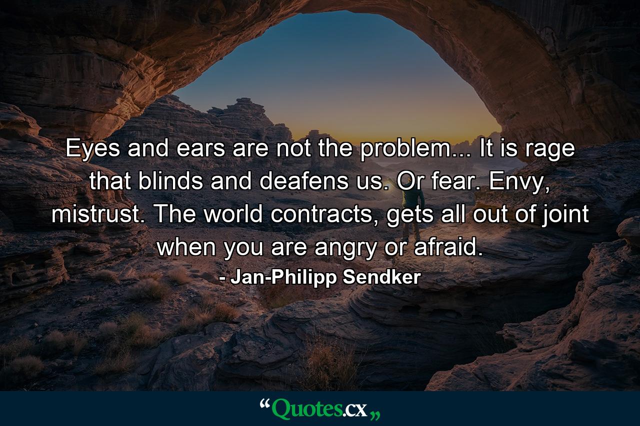 Eyes and ears are not the problem... It is rage that blinds and deafens us. Or fear. Envy, mistrust. The world contracts, gets all out of joint when you are angry or afraid. - Quote by Jan-Philipp Sendker