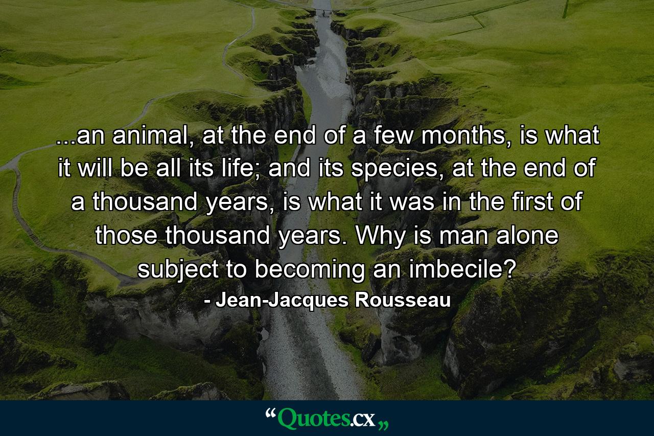 ...an animal, at the end of a few months, is what it will be all its life; and its species, at the end of a thousand years, is what it was in the first of those thousand years. Why is man alone subject to becoming an imbecile? - Quote by Jean-Jacques Rousseau