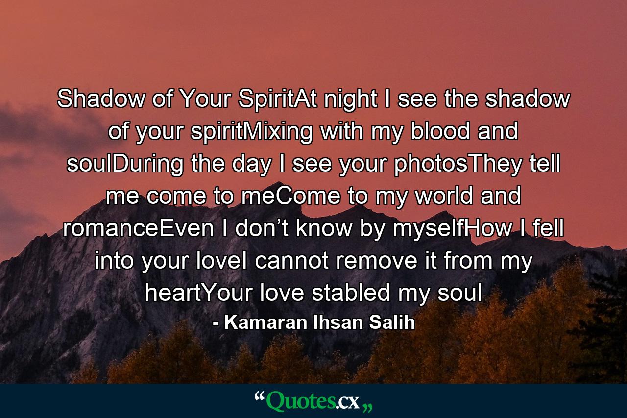 Shadow of Your SpiritAt night I see the shadow of your spiritMixing with my blood and soulDuring the day I see your photosThey tell me come to meCome to my world and romanceEven I don’t know by myselfHow I fell into your loveI cannot remove it from my heartYour love stabled my soul - Quote by Kamaran Ihsan Salih