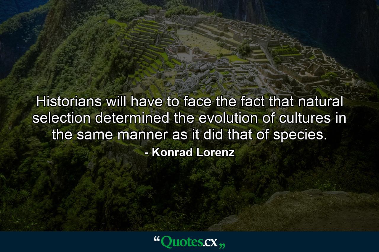 Historians will have to face the fact that natural selection determined the evolution of cultures in the same manner as it did that of species. - Quote by Konrad Lorenz