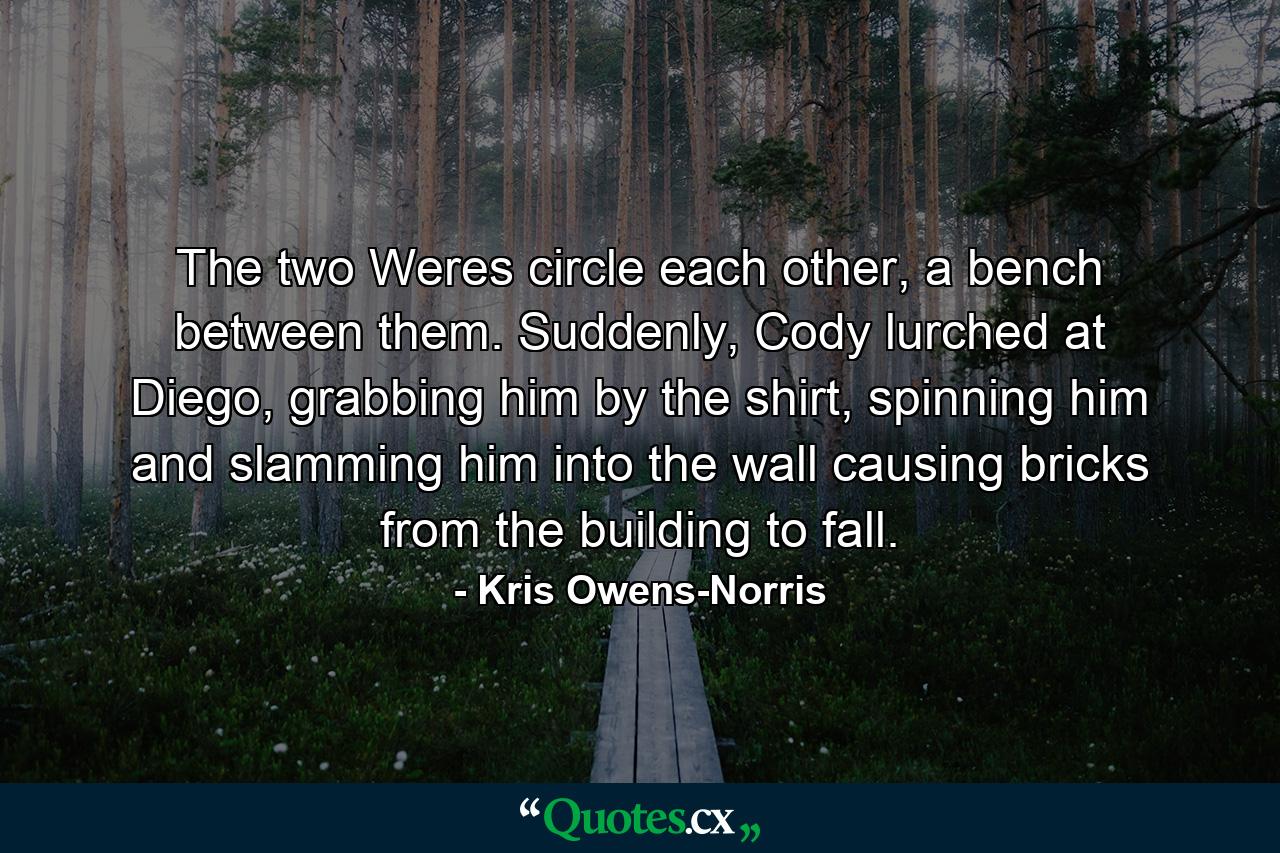 The two Weres circle each other, a bench between them. Suddenly, Cody lurched at Diego, grabbing him by the shirt, spinning him and slamming him into the wall causing bricks from the building to fall. - Quote by Kris Owens-Norris